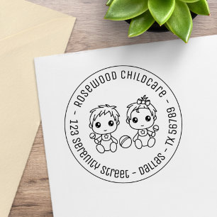 Baby Boy Girl Daycare Childcare Round Address 2 Rubber Stamp