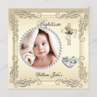 Baby Boy Girl Gold Cream Christening Baptism Cross Announcement