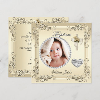 Baby Boy Girl Gold Cream Christening Baptism Cross Invitation