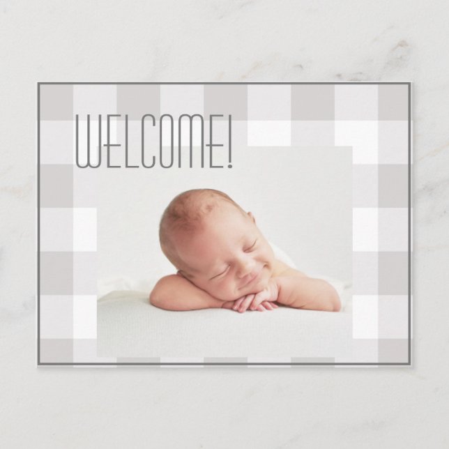 Baby Boy Girl Gray Check Name Birth Stats Baby Announcement Postcard (Front)