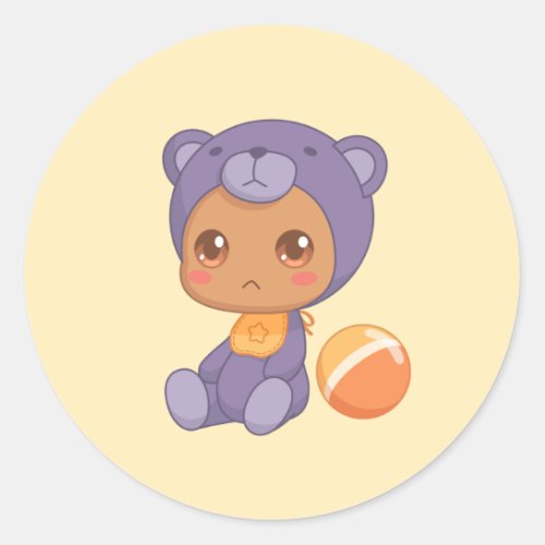 Baby Boy Girl Purple Bear Jumpsuit on Yellow Classic Round Sticker