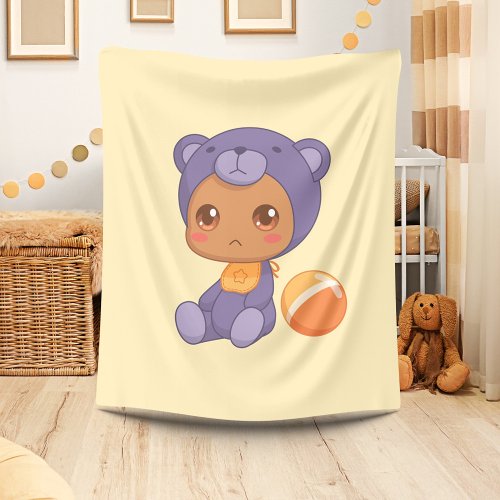 Baby Boy Girl Purple Bear Jumpsuit on Yellow Fleece Blanket