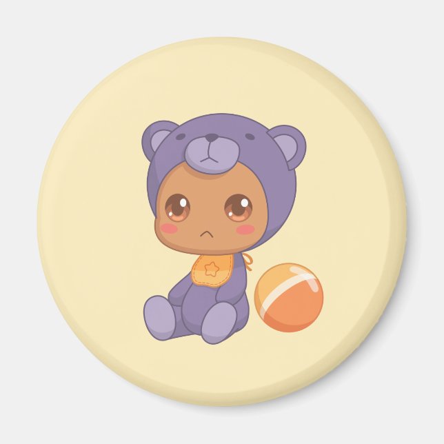 Baby Boy Girl Purple Bear Jumpsuit on Yellow Magnet (Front)