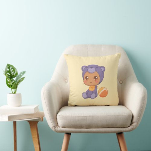 Baby Boy Girl Purple Bear Jumpsuit on Yellow Throw Pillow