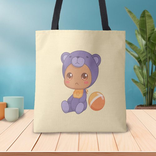 Baby Boy Girl Purple Bear Jumpsuit on Yellow Tote Bag