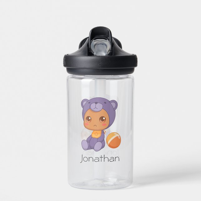 Baby Boy Girl Purple Bear Jumpsuit Water Bottle (Front)