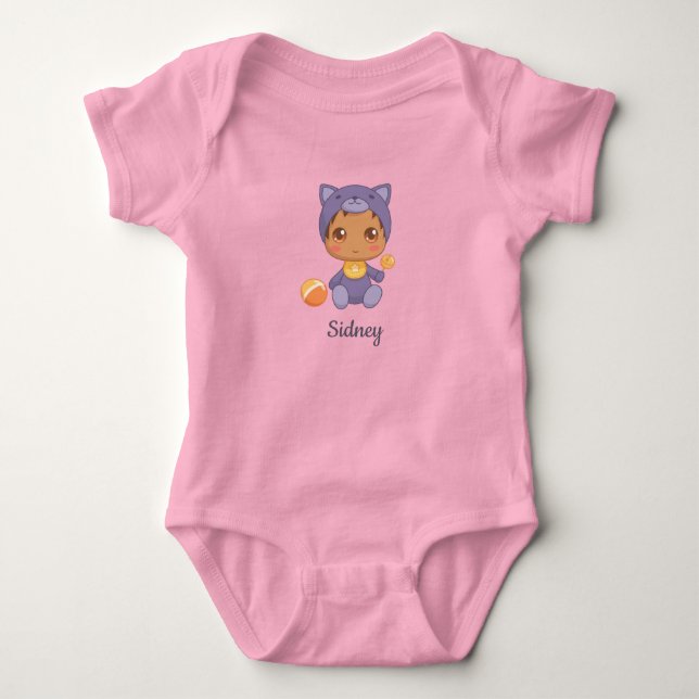Baby Boy Girl Purple Cat Custom Name Bodysuit (Front)