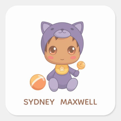Baby Boy Girl Purple Cat Jumpsuit Custom Name Square Sticker