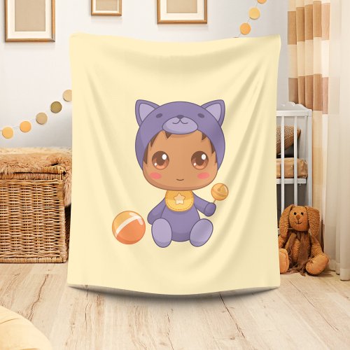 Baby Boy Girl Purple Cat Jumpsuit on Yellow Fleece Blanket