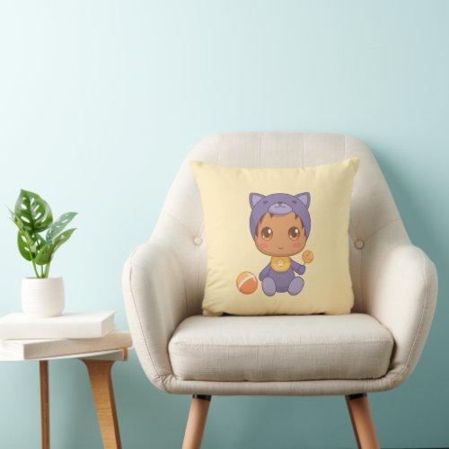 Baby Boy Girl Purple Cat Jumpsuit on Yellow Throw Pillow
