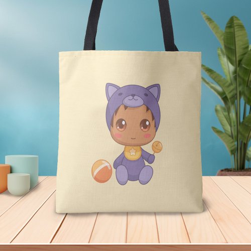 Baby Boy Girl Purple Cat Jumpsuit on Yellow Tote Bag