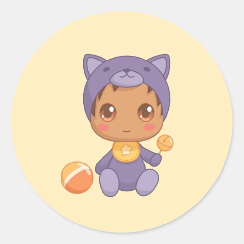 Baby Boy Girl Purple Cat Jumpsuit Yellow Classic Round Sticker