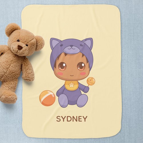 Baby Boy Girl Purple Cat Suit Custom Name Yellow Baby Blanket