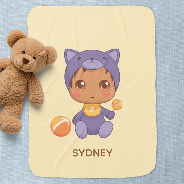 Baby Boy Girl Purple Cat Suit Custom Name Yellow Baby Blanket (Creator Uploaded)