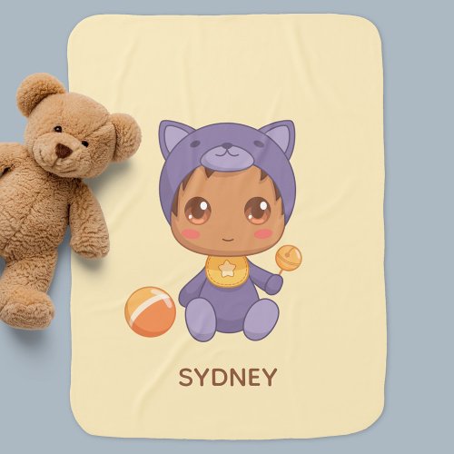 Baby Boy Girl Purple Cat Suit Custom Name Yellow Baby Blanket