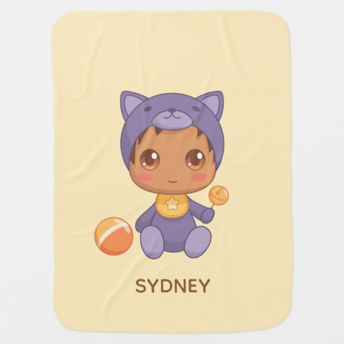 Baby Boy Girl Purple Cat Suit Custom Name Yellow Baby Blanket