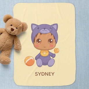 Baby Boy Girl Purple Cat Suit Custom Name Yellow Blanket