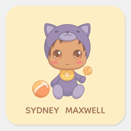 Baby Boy Girl Purple Cat Suit Custom Name Yellow Square Sticker