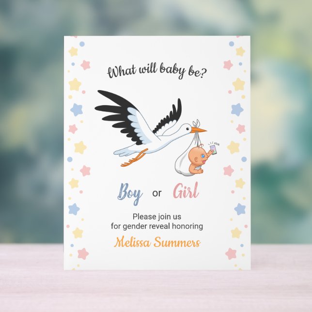 Baby Boy Girl Stork Gender Reveal Party Acrylic Sign (Neutral)