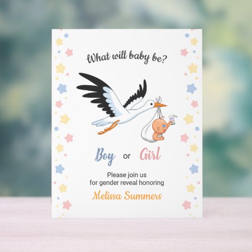 Baby Boy Girl Stork Gender Reveal Party Invitation Acrylic Sign