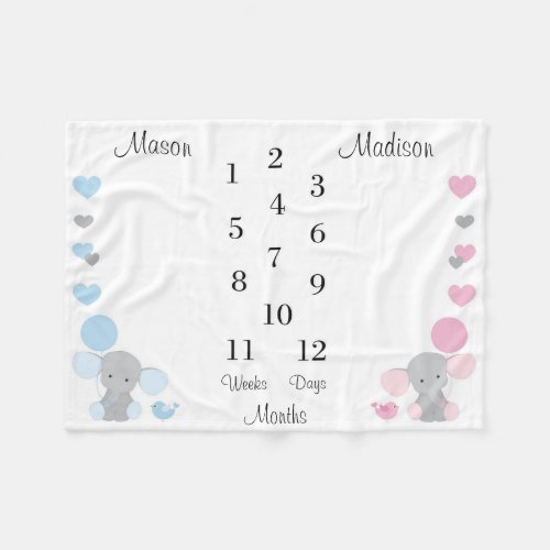 Baby Boy Girl Twin Month Monthly Elephant Fleece Blanket