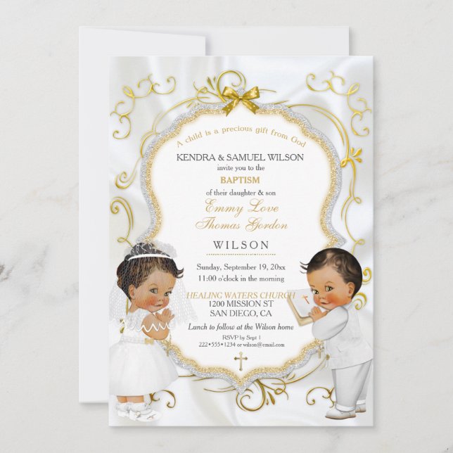 Baby Boy Girl Twins Baptism Christening Communion Invitation (Front)