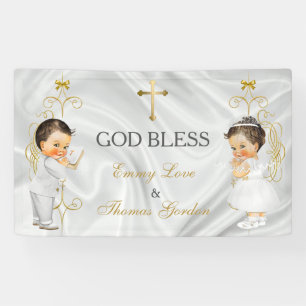 Baby Boy & Girl Twins Baptism Christening Gold Ban Banner
