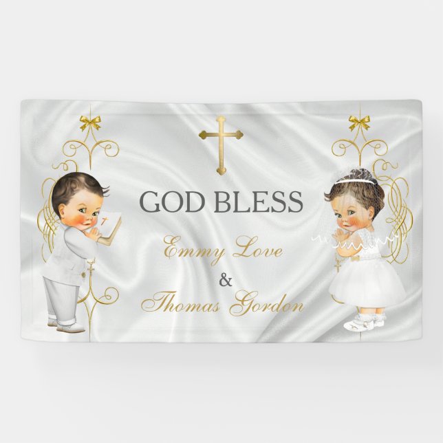 Baby Boy & Girl Twins Baptism Christening Gold Ban Banner (Horizontal)