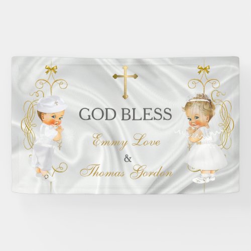 Baby Boy  Girl Twins Baptism Christening Gold Banner