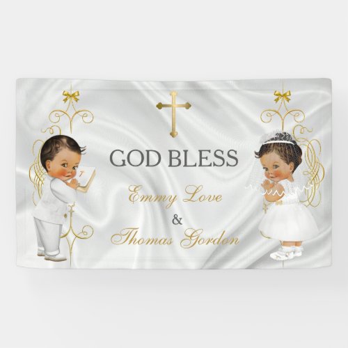 Baby Boy  Girl Twins Baptism Christening Gold Banner