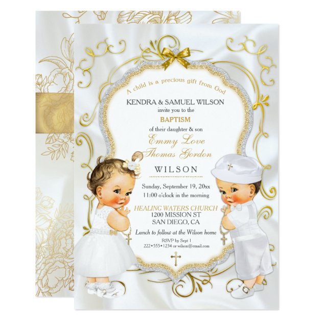 Baby Boy & Girl Twins Baptism Christening Gold Invitation