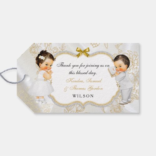 Baby Boy Girl Twins Baptism Christening Gold Cross Gift Tags