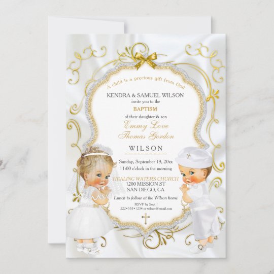 Baby Boy & Girl Twins Baptism Christening Gold Invitation Zazzle