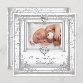 Baby Boy Girl White Christening Baptism Cross Invitation