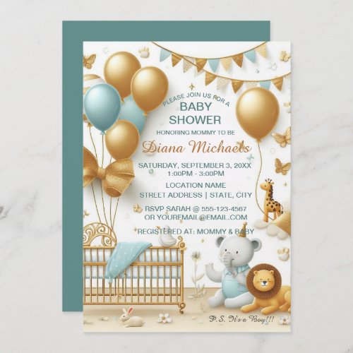 Baby Boy Golden Balloons and Toys  Invitation