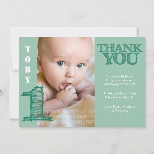 Baby Boy Green 1st Birthday Thank You Photo Card