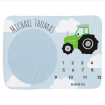 Baby Boy Green Farm Tractor Monthly Milestone Baby Blanket