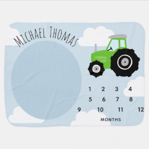 Baby Boy Green Farm Tractor Monthly Milestone Blanket