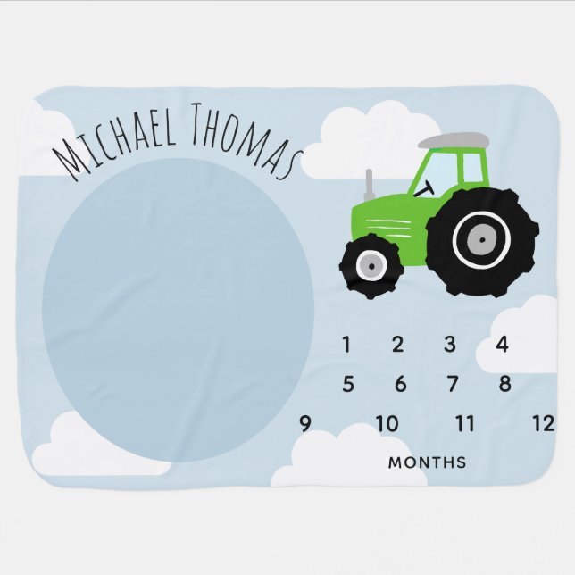 Baby Boy Green Farm Tractor Monthly Milestone Blanket (Horizontal)