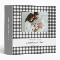 Baby Boy Grey Gingham Check Photo Album 3 Ring Binder