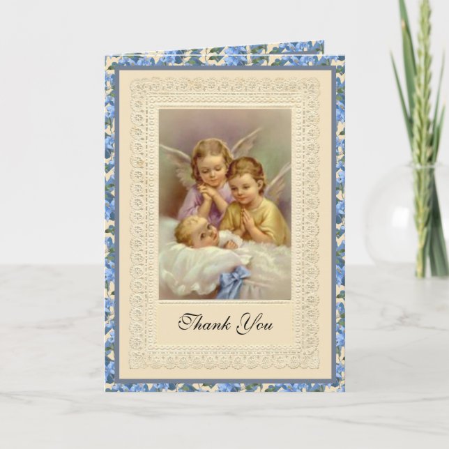 Baby Boy Guardian Angels Baptismal Thank You Card (Front)