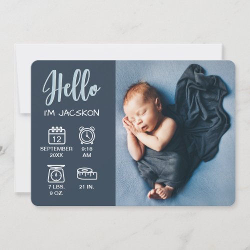 Baby boy hello overlay photo  birth stats icons announcement