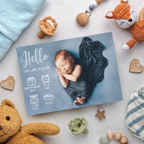 Baby boy hello overlay photo  birth stats icons announcement