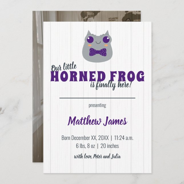Baby Boy Horned Frog Purple Vertical Baby Announcement (Front/Back)
