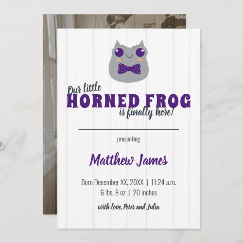 Baby Boy Horned Frog Purple Vertical Baby Announcement