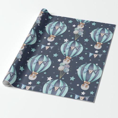Baby Boy Hot Air Balloon And Bear Pattern Wrapping Paper