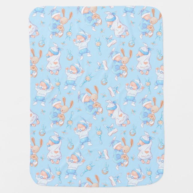 Baby Boy Hugging Bunny I Love Mom Heart Baby Blanket (Front)