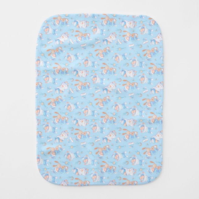 Baby Boy Hugging Bunny I Love Mom Heart Burp Cloth (Front)