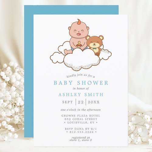 Baby Boy Illustration On Cloud Cute Baby Shower Invitation