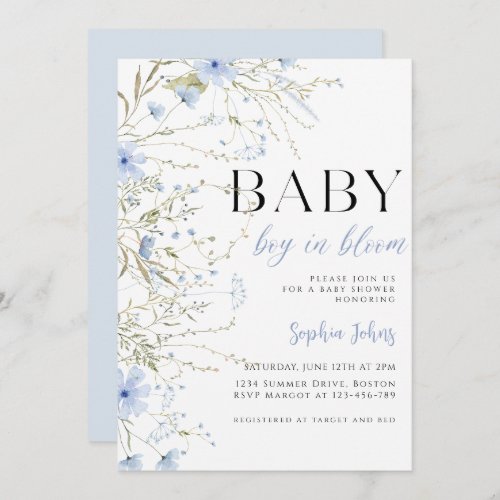 Baby boy in bloom blue wildflower Baby Shower Invitation